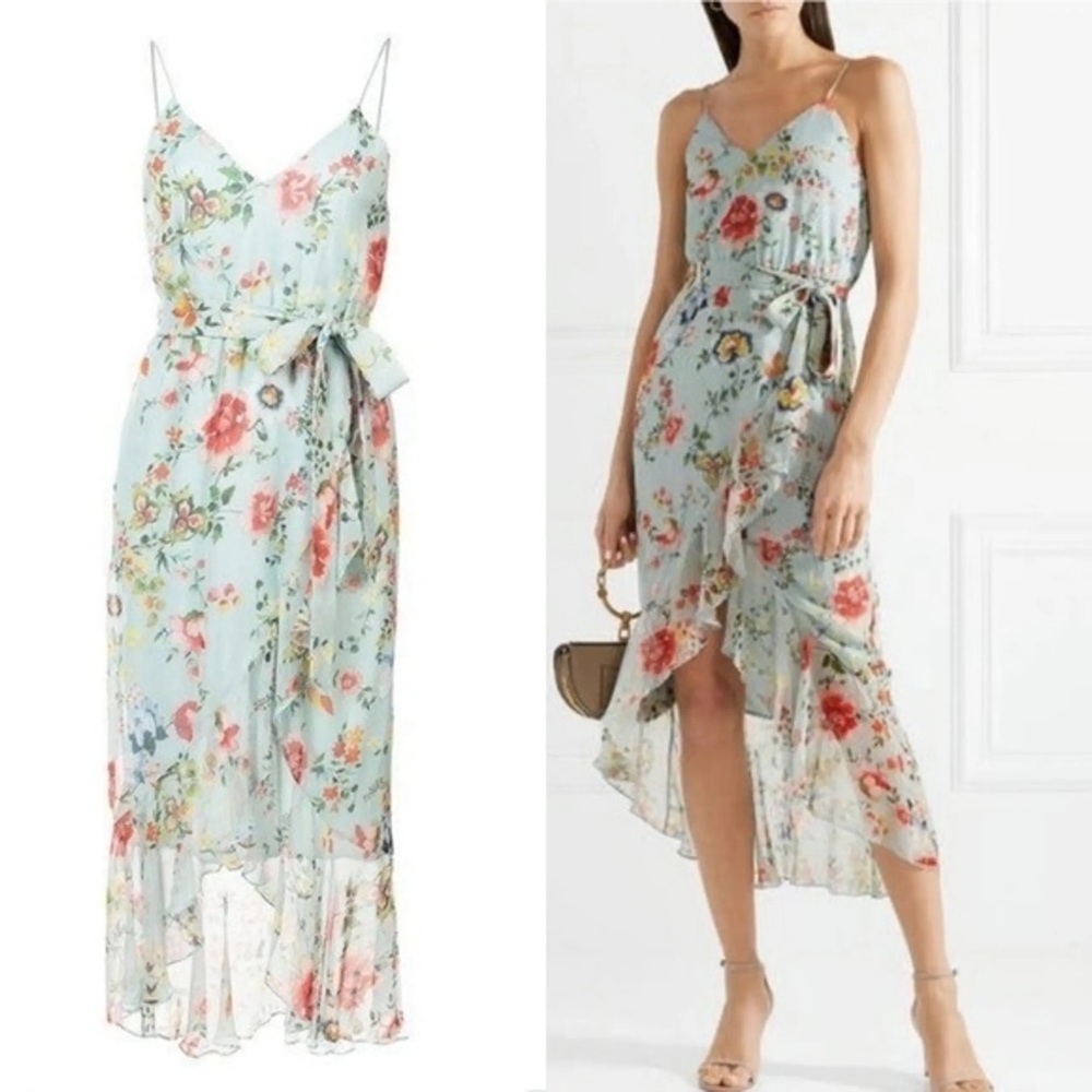 $395 Alice+Olivia Mabel Light Blue Floral Midi Dress 0